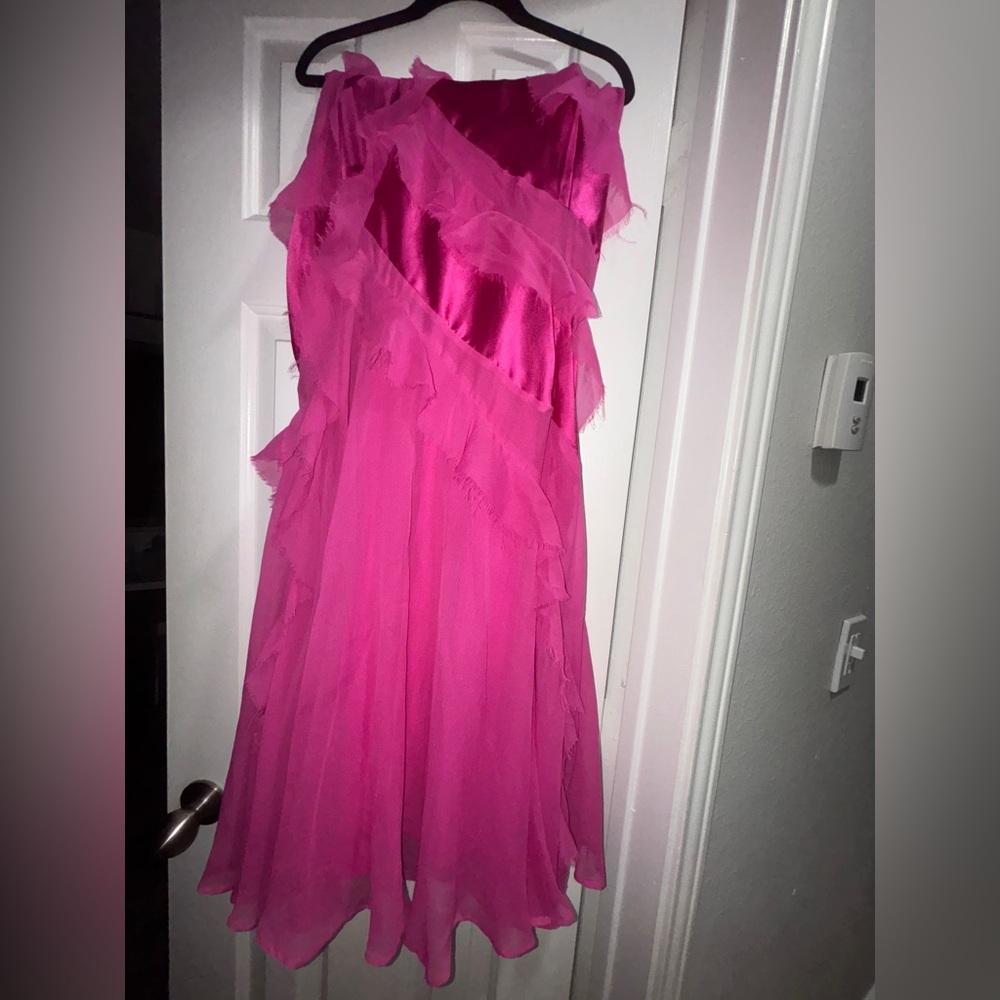 ASOS design hot pink tall satin bias ruffle one shoulder maxi dress in plum - Picture 2 of 3